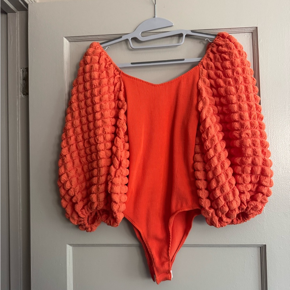 Vibrant Orange Bodysuit with Bubble Sleeves
